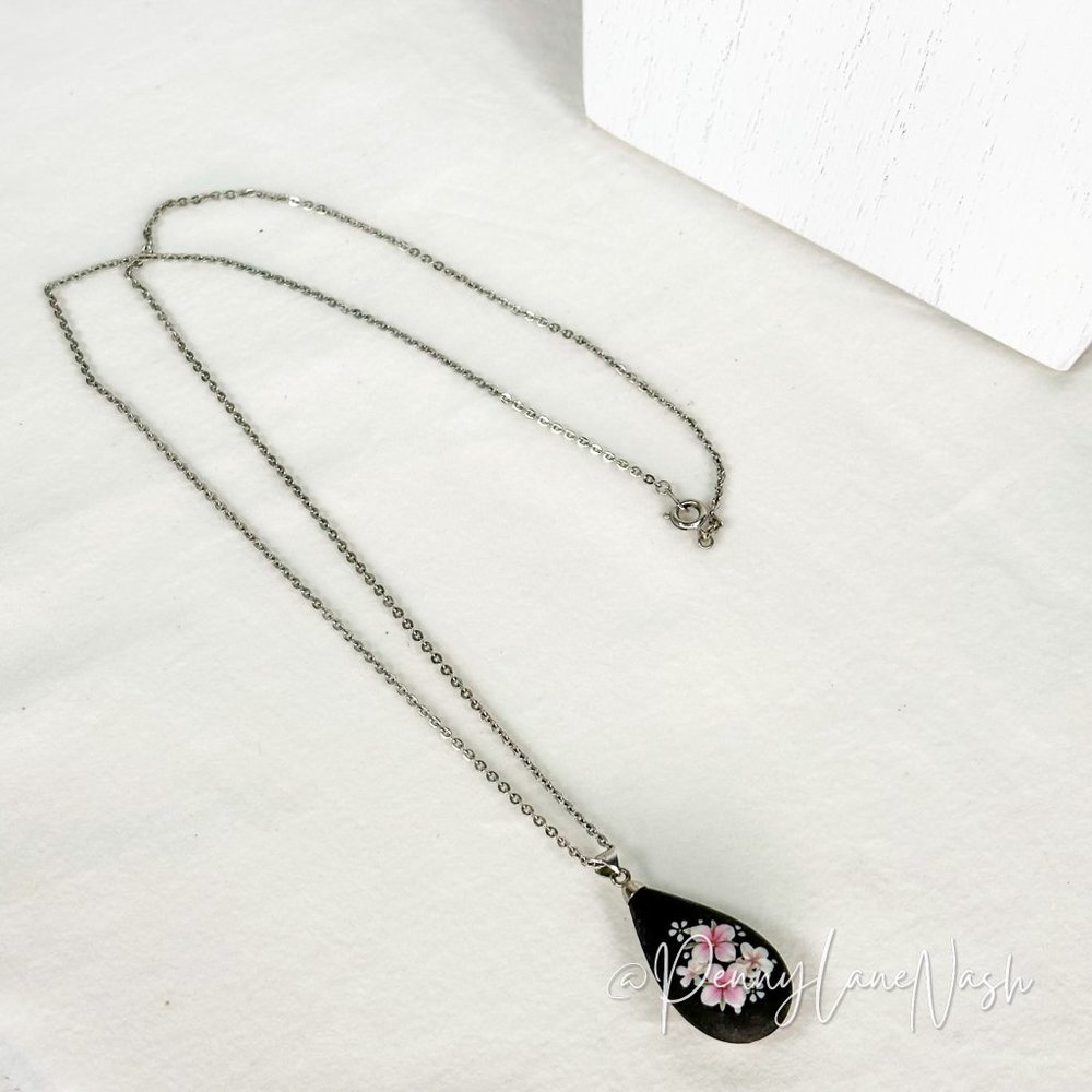 Vintage Black Tear Drop w Pink Flower Painted Pendant Necklace - Picture 4 of 8